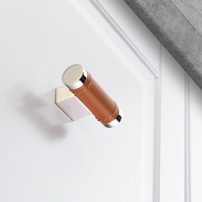 The image shown below is Split Polished Nickel and Tan Leather finish